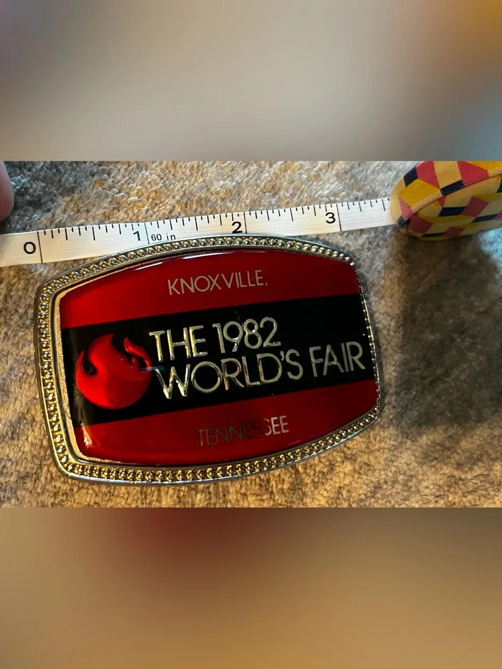 Vintage 1982 World's Fair Commemorative Belt Buckle - Red and Black